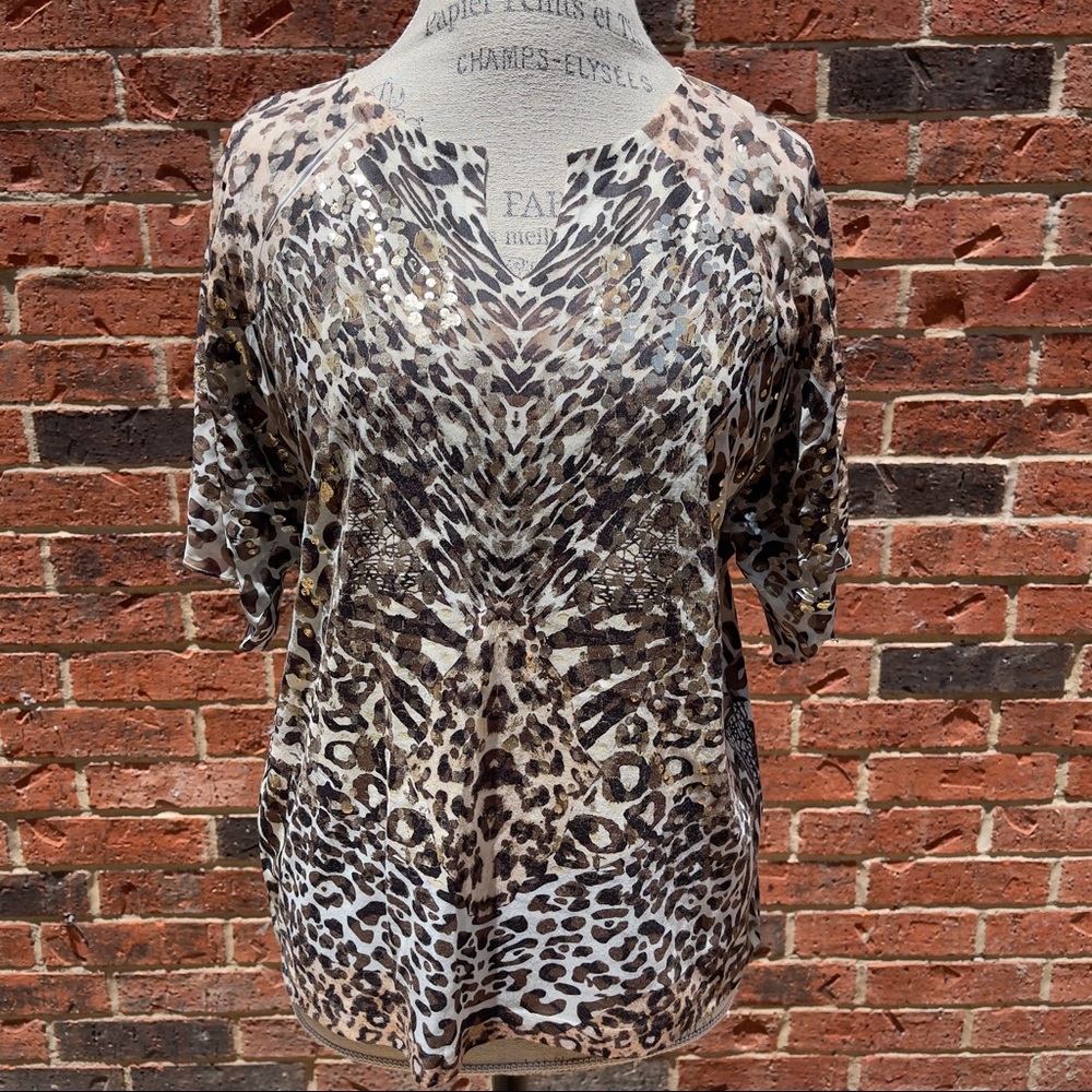 Chico’s Animal Print Gold Metallic V Neck - 1